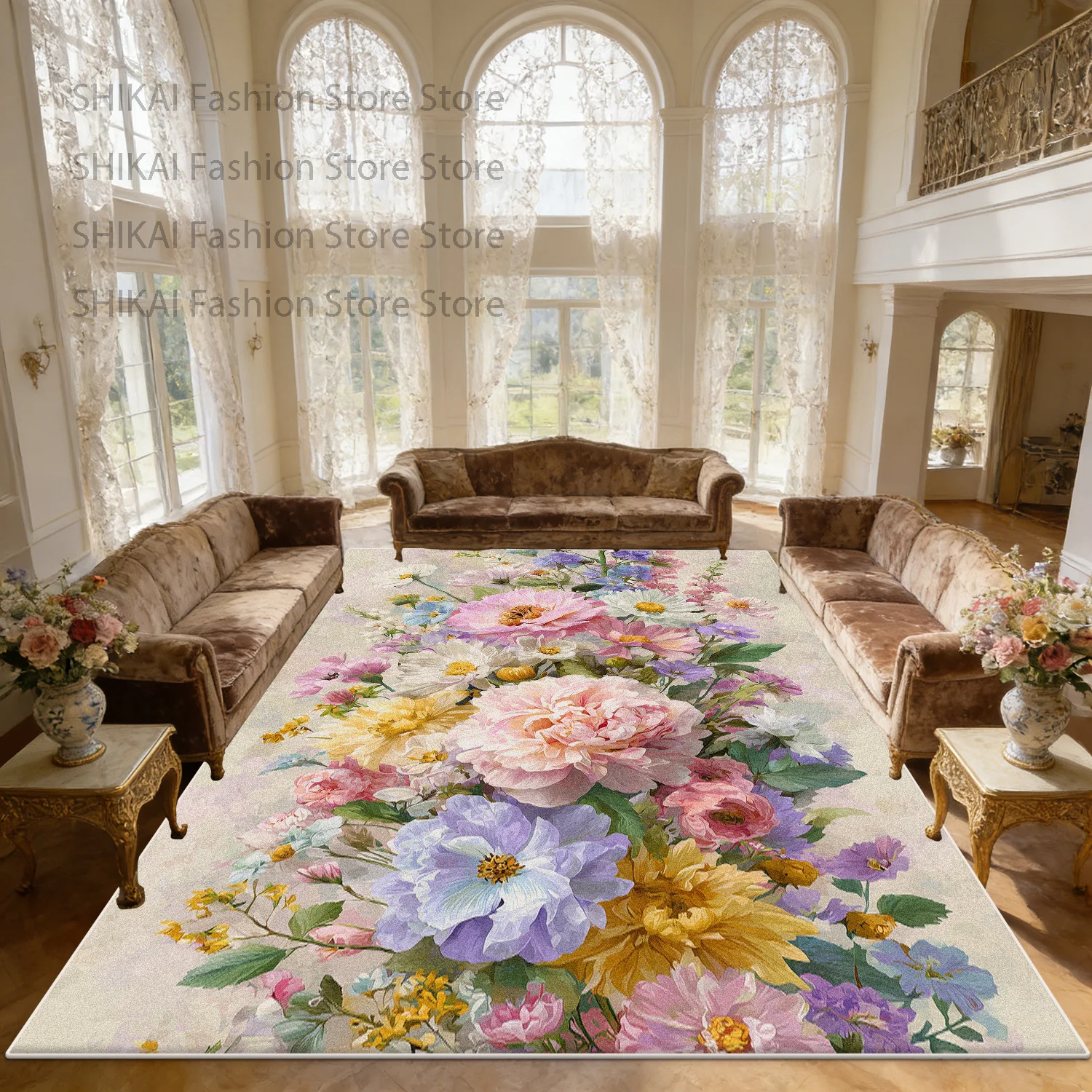 French Countryside Flower Style Living Room Rug Home Decoration Luxury Washable Soft Carpet Large Area Non-slip Fluffy Floor Mat