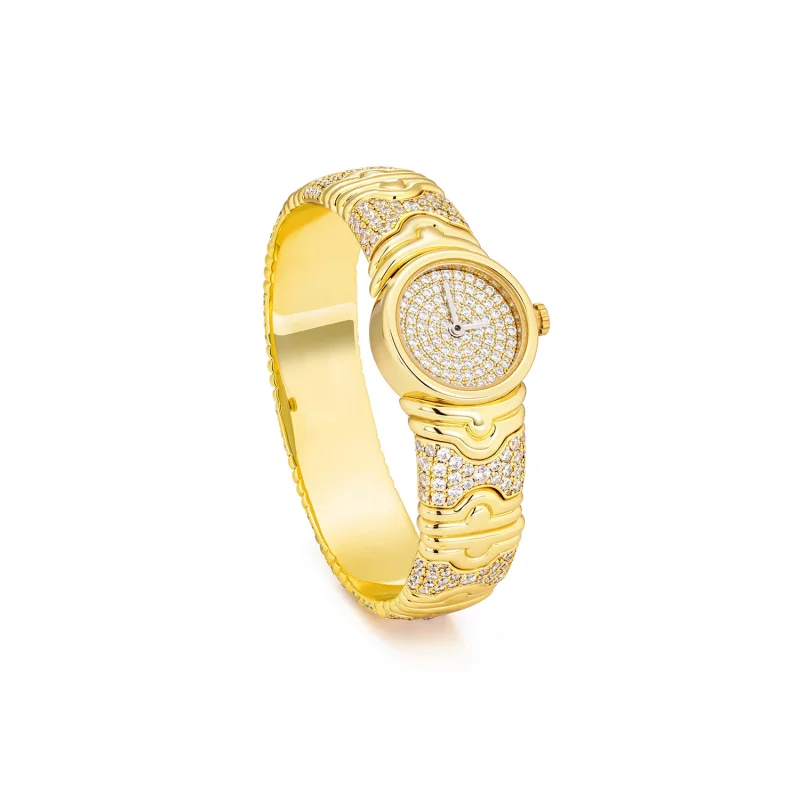 CAMEO Fine Jewelry Gold-Plated Bangle Watch Synthetic Zirconia Dial Wave Textured Band Luxury Watch for Women Vintage Watch