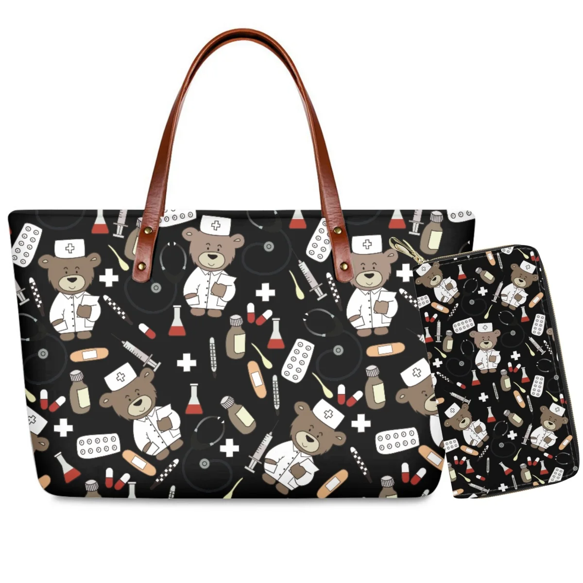 New Kawaii Bear Nurse Pattern Women Cosmetic Bags Tote Bag Lovely Casual Travel Portable Storage Handbags Makeup Toiletry Wallet