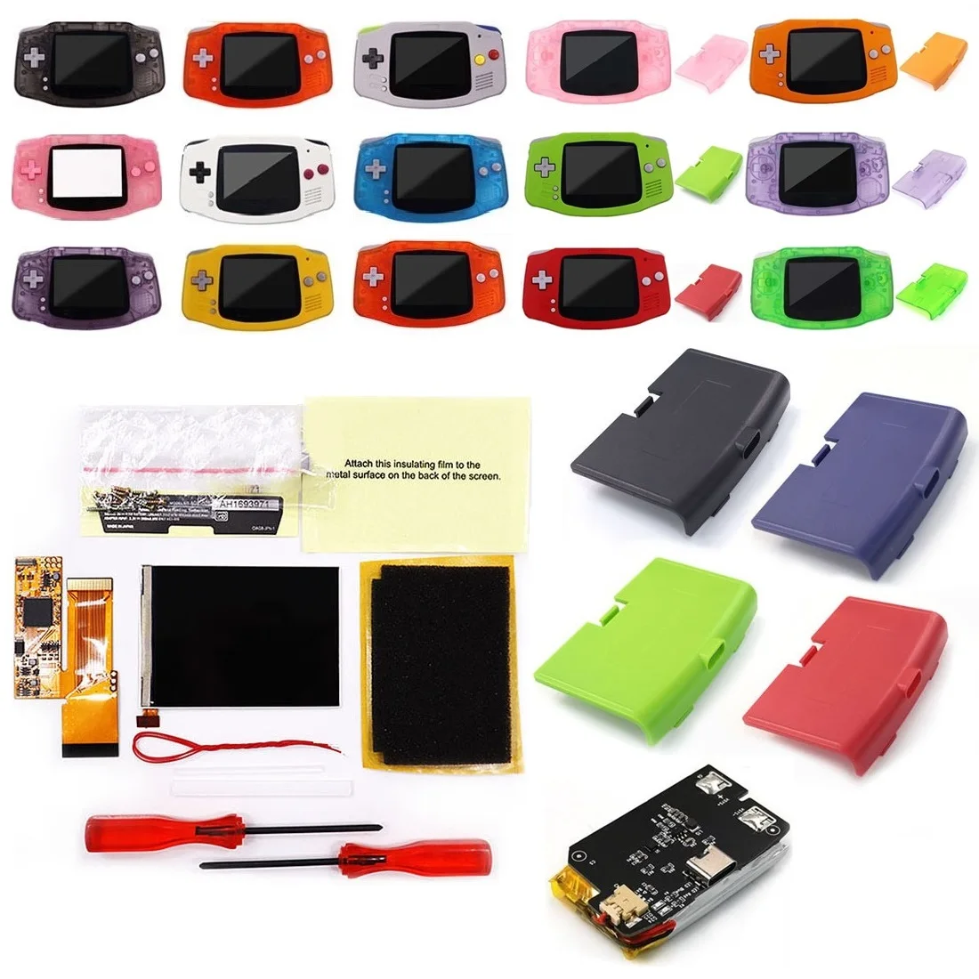 V2 IPS Hispeedido Backlight LCD Screen Kit+Pre-cut Shell W/1800mAh Built-in Rechargeable Type-C Battery For Game Boy Advance