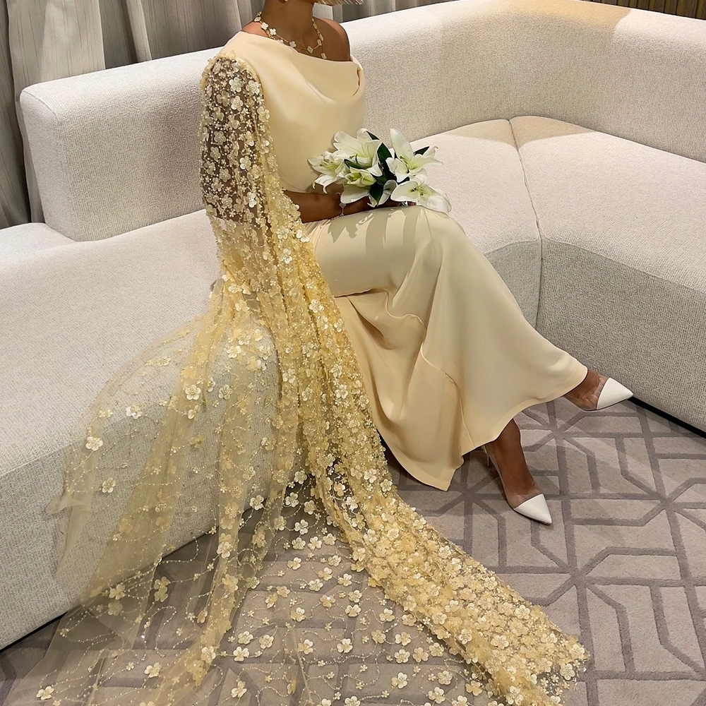 Customized Exquisite Appliques Off the Shoulder Jersey Evening Dress Elegant Long Sleeves Straight Floor Length Homecoming Dress