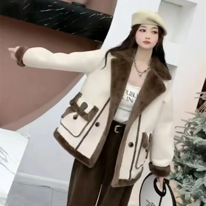 

Autumn Winter Female High End Thicken Lamb Wool Outwear 2025 Ladies Fashion Patchwork Jacket Retro Women Long Sleeves Tops Coat