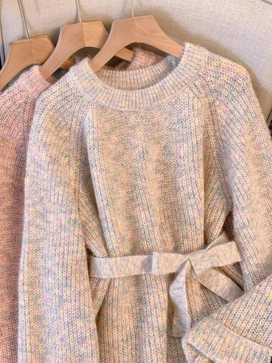 Robe pull à lacets élégante pour femme, pull à manches longues, haut mi-long, col rond, doux, nouveau, automne, hiver, 2024