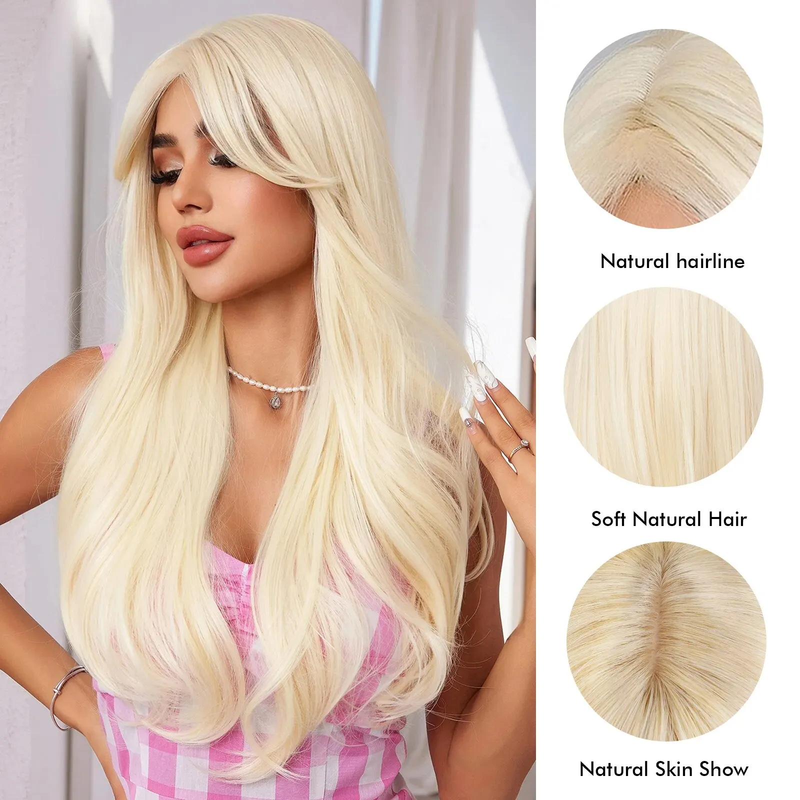 Medium Long Barbie Synthetic Wavy Wigs Blonde Hair Wig with Side Bangs for Ladies and Girls Daily Princess Use Cosplay Party