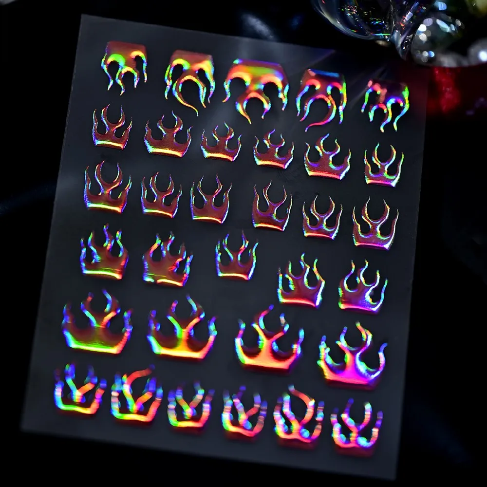1pcs 3D Holographic Red Flame Nail Stickers Laser Rainbow Fire Flame Nail Decals Y2K Self-adhesive Gothic Halloween Nail Decora