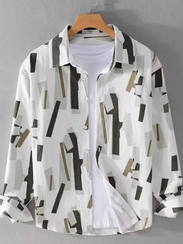 

Geometric Print Long Sleeve Men's Shirt Autumn Vintage Retro Design Color Collision Dirt Resistant Wear Resistant Casual Style