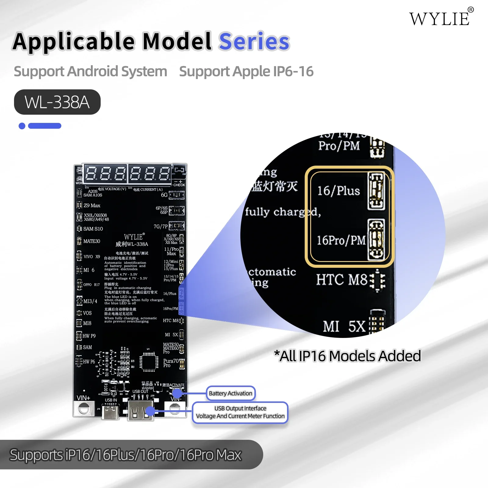 WYLIE WL-338A Smart Battery Activation Board Short Circuit Protection for IPhone 6-16ProMax Android Phone Battery Testing Tool