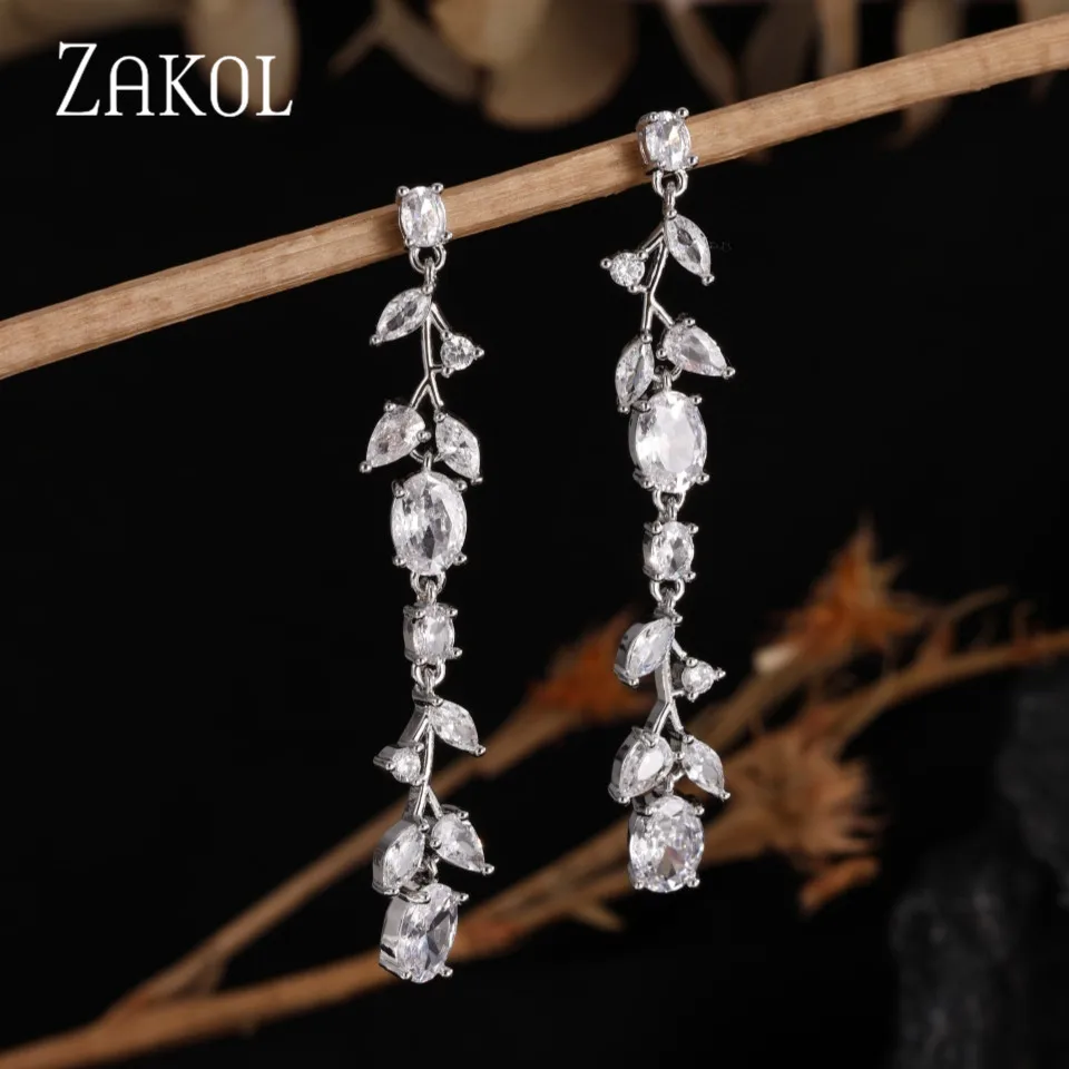 ZAKOL Fashion Long Wheatear Tassel Dangle Earrings for Women Shiny Cubic Zirconia Charm Wedding Party Jewelry Accessories