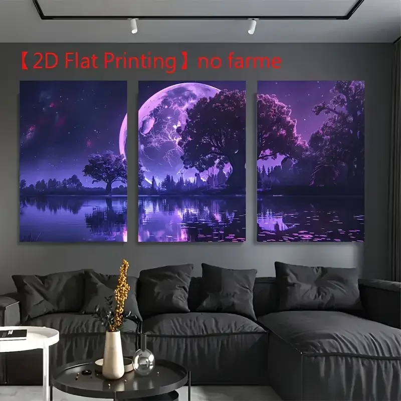 3pcs Large Purple Moon & Night Sky Canvas Wall Art Set - Modern Unframed Triptych Prints with Deep Violet & Navy Hues, 2D Flat P