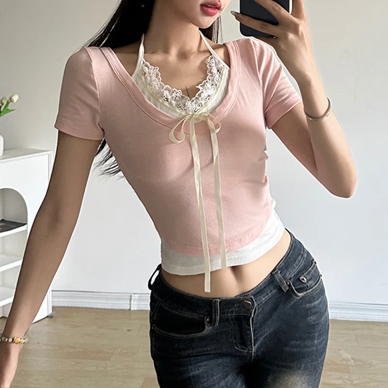 Coquette Contrast Color Patchwork Cropped Top Aesthetic Shorts Sleeve Tops Sweet Pink Korean Style Slim-fit Knitted Tops