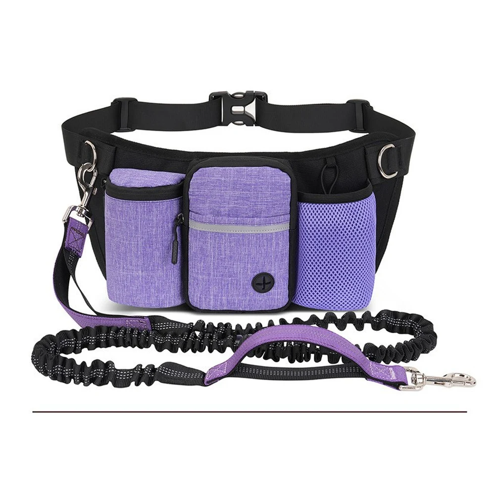 Hands Free Dog Leash Set with Nylon Waist Pack Treat Phone Storage and Single or Double Bungee Leash Options for Outdoor Walking