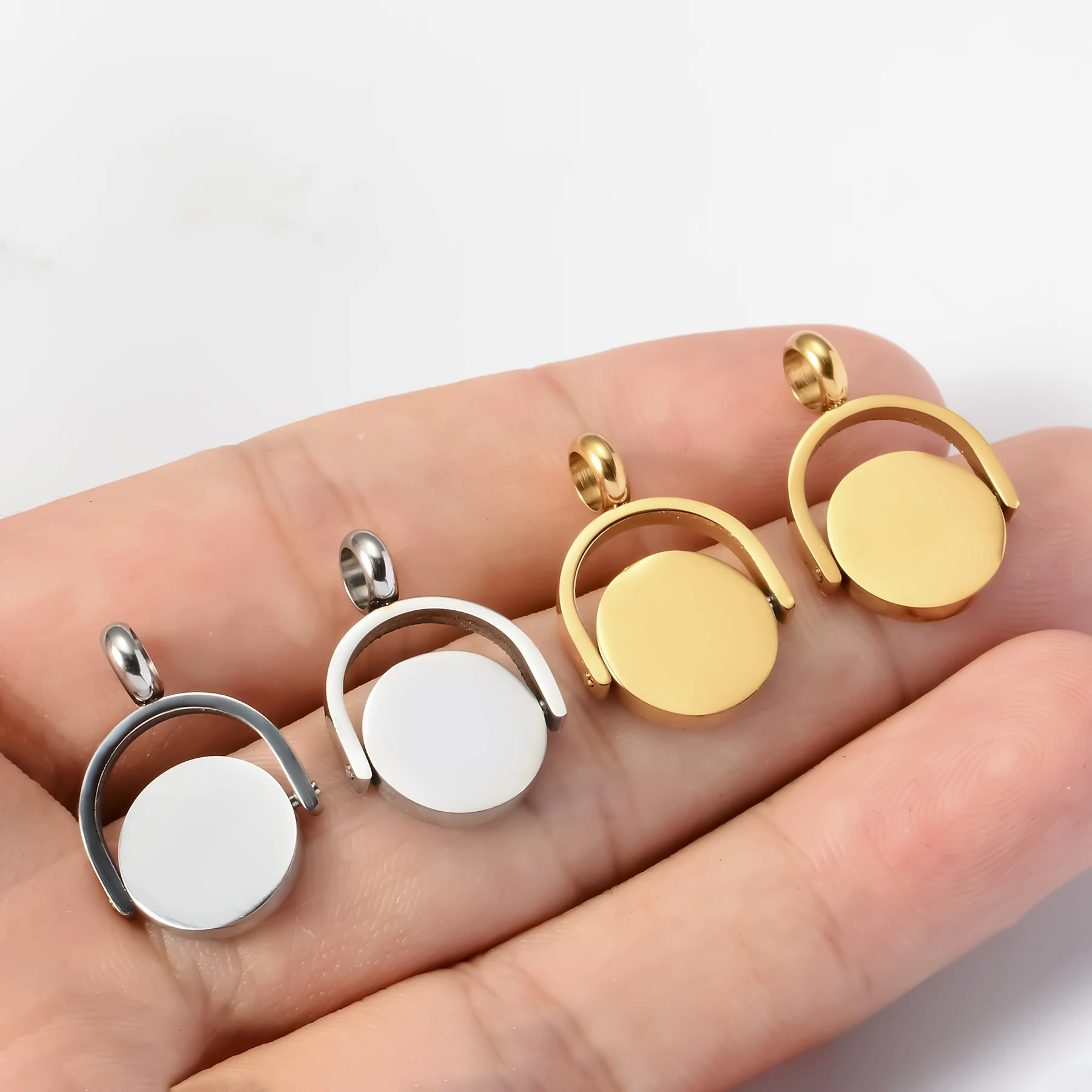 10pcs 304Stainless Steel Mirror Polishing Pendant Gold/Silver Color Rotatable Round Jewelry Waterproof 15x22mm