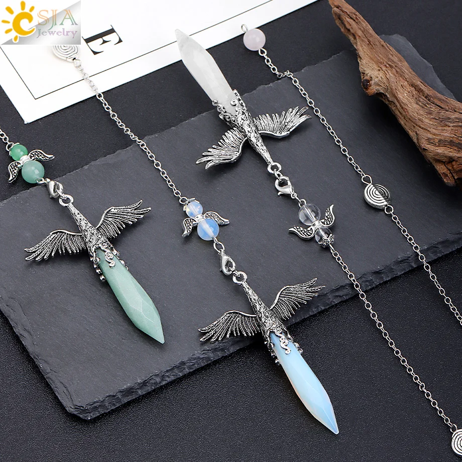 CSJA Vintage Crystal Angel Wings Pendulums for Dowsing Divination Natural Stone Energy Amethyst Pendant Pendule Pendulos H847 - view 3