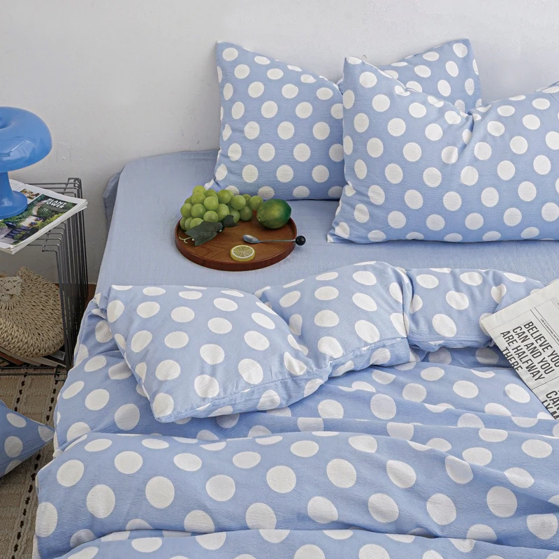 Polka Dot Bedding Set With Pillowcases For Korean Blue Duvet Cover Bed Sheet Set Teen Girls Women Cozy Bedroom Decor Queen Size