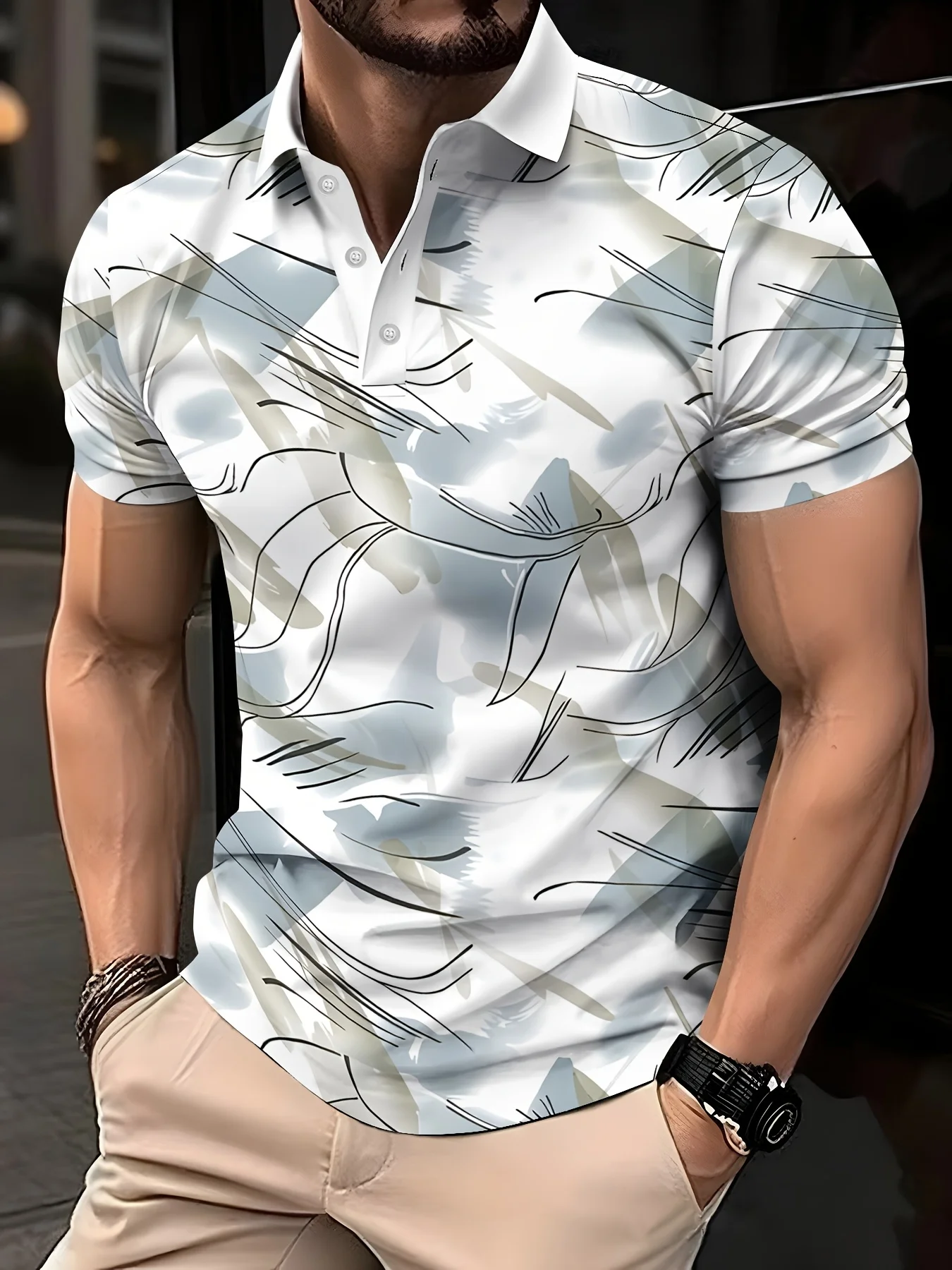 New men's short-sleeve polo shirt T-shirt, loose-fitting and tailored with printed patterns, versatile basic crew-neck top suita