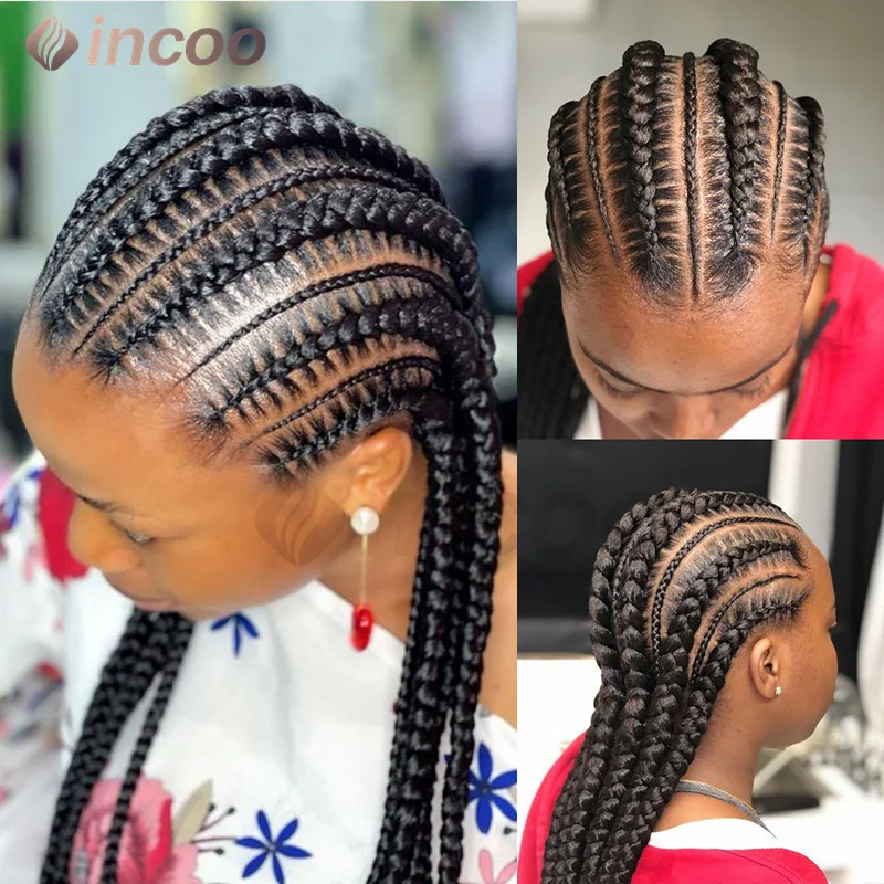 36" Cornrows Braided Wigs Synthetic Full Lace Front Wig For Black Women Jumbo Braided Wigs Lace Frontal Faux Locs Box Braids Wig