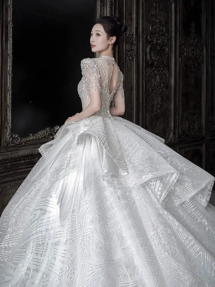 Ele Wedding Dr 2025 New Heavy Embroidery Luxury Long Train Court Sle for Bride Women Lace Svel Deep V Ne