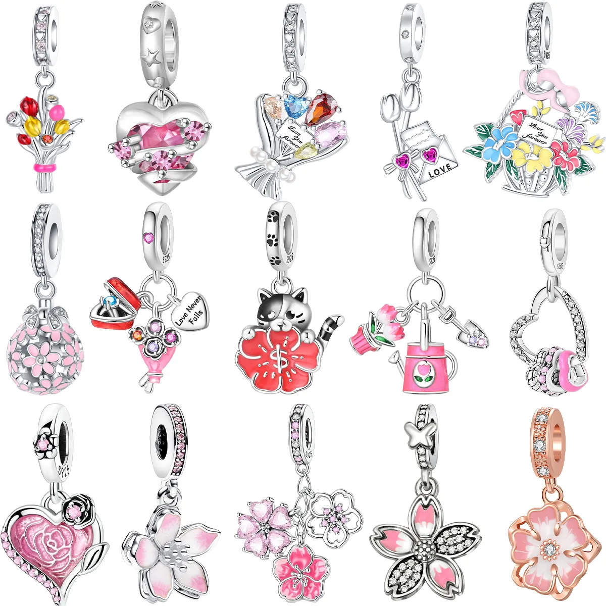 

Подвески-шармы из стерлингового серебра 925 пробы: розы, тюльпаны, цветы сакуры. Подходят для браслетов, ожерелий. Для самостоятельного изготовления украшений. Подарок.