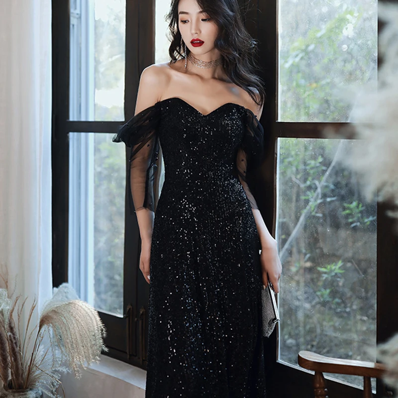 Black Off Shoulder Evening Prom Dresses for Women 2024 Sexy Elegant Long Sequins Three Quarter Bridesmaid Wedding Party Dress