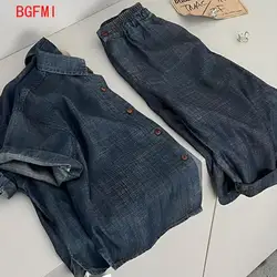 Thin Soft Denim Korean Summer Boys Fashionable Denim Set Children's Short sleeved Shirt Shorts Cool and Handsome Two piece Set