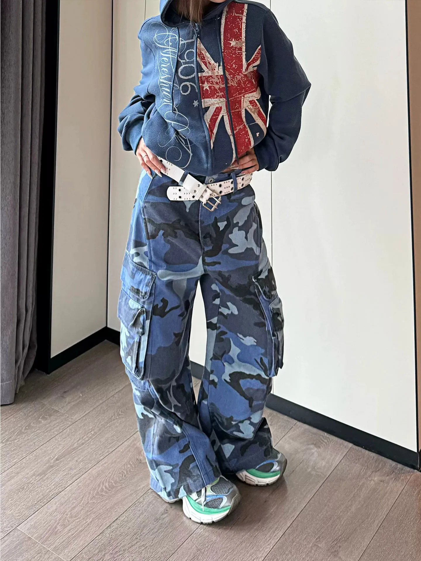 Retro American Deconstructed Camouflage Work Pants Women's Trendy Street Loose Wide Leg Jeans Multi Pocket Casual Cotton