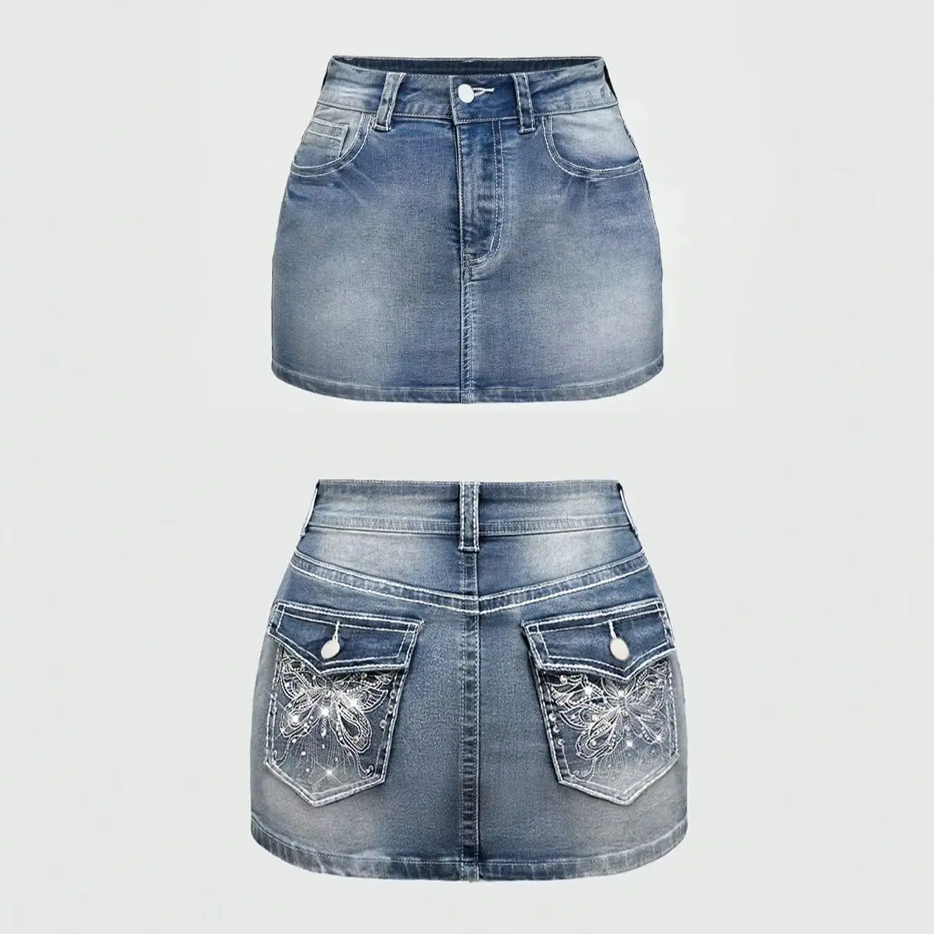 Women Blue Washed Denim Mini Skirt Elegant Butterfly Rhinestone Embroidery Hip Wrap Slim Skirt Streetwear Casual Short Skirt
