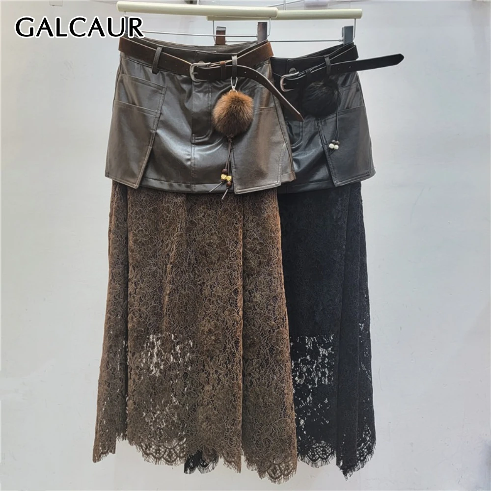 

GALCAUR Solid Spliced Lace Basics Skirt Female High Waist Loose Patchwork Sashes Temperament Women's Skirts Autumn Fashion New