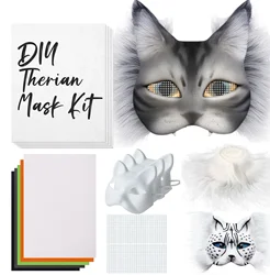 5-15 Set Kit maschera Therian Maschere di carta vuote Mezza faccia Maschere di gatto dipinte a mano Maschere di Halloween fai da te per la festa in maschera Cosplay