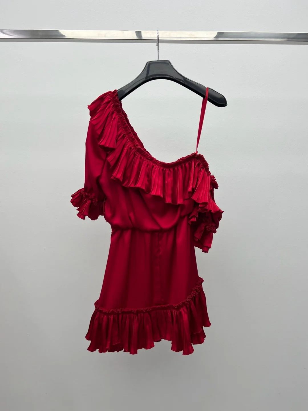Elegant Ruched One-Shoulder Acetate Satin Dress Women Ruffle Neck & Hem Waist-Cinching Belted Romantic Midi Dress view 2
