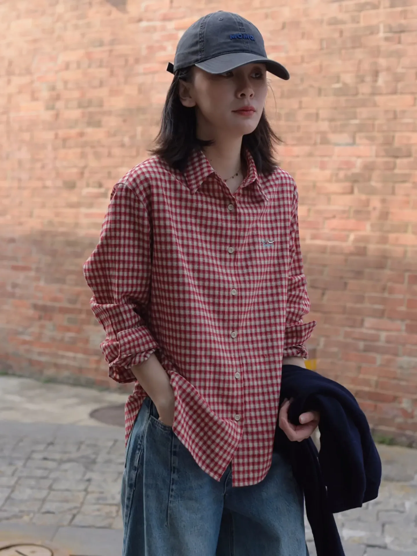 

Casual Red Plaid Long Sleeve Women's Shirt Spring Autumn New Style Loose Fit Korean Fashion Breathable Comfortable Polyester