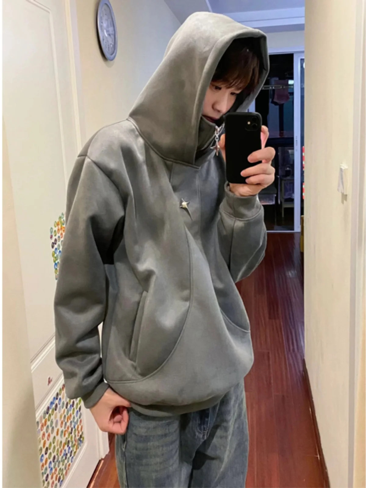 

Deep Grey Fleece Lined Hoodie Men's Autumn Winter Heavyweight Rigorous Suede High Collar Zipper Jacket Casual Loose Fit