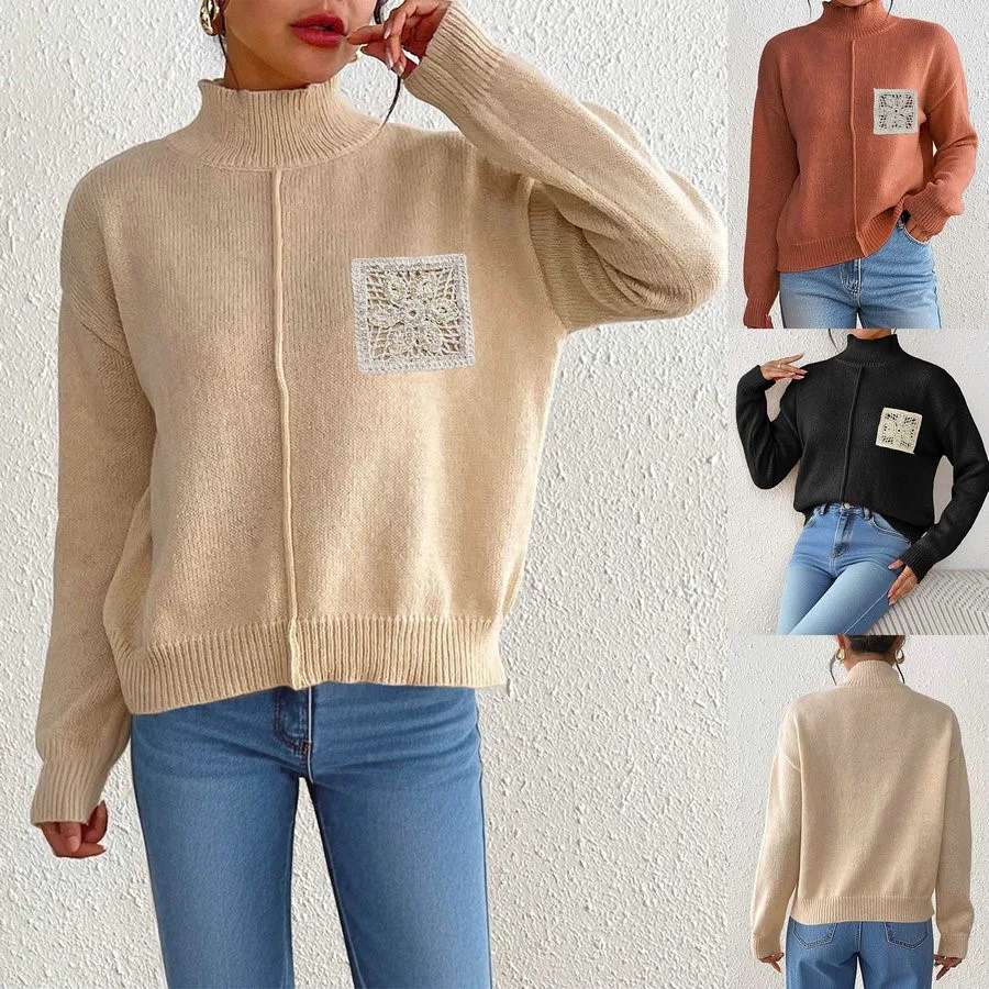 Otoño Invierno prendas de punto para mujer nuevo Color puro ved suéter de cuello alto lentejuelas hueco ket empalme suéter Street Sle L...