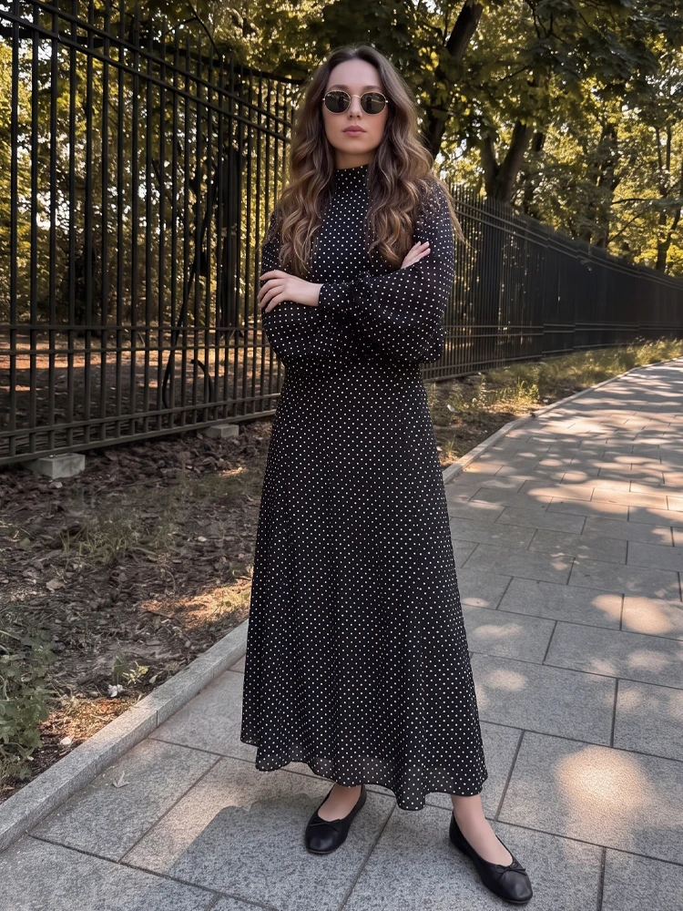 HH Women Thin Polka Dot Long Skirt Suit Elegant Bow Turtle Neck Blouse Pleated Retro Skirt 2026 Spring Female Country Style Suit
