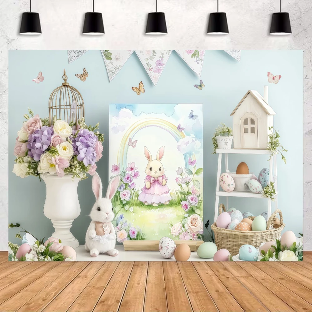 Easter Party Indoor Photography Backdrops Bunny Drawing Board Eggs Flower Kids Family Portrait Backgrounds Photo Studio Props