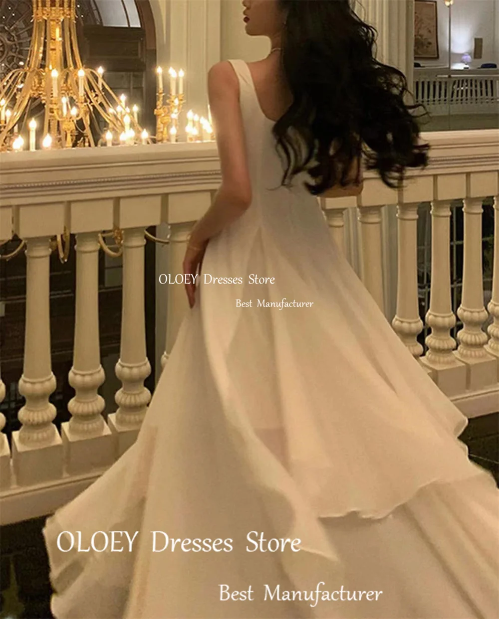 OLOEY Simple Satin White A Line Tiered Evening Gown Dress Ruched Square Collar Spaghetti Strap Floor Length Sleeveless Prom Gown