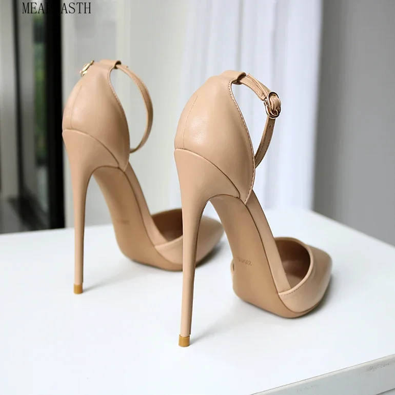 Meariasth polos Nude wanita Matte tali pergelangan kaki ujung runcing Stiletto pompa elegan D'Orsay gaun hak tinggi sepatu 8cm 10cm 12cm