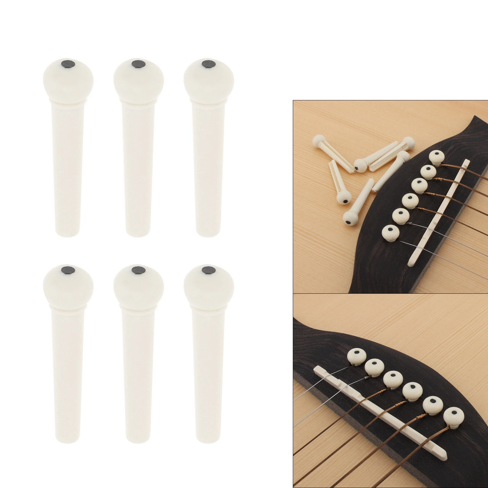 6pcs/lot White ABS Plastic Top Black Dot Acoustic Guitar Bridge Pins, Guitar Pegs Replacement