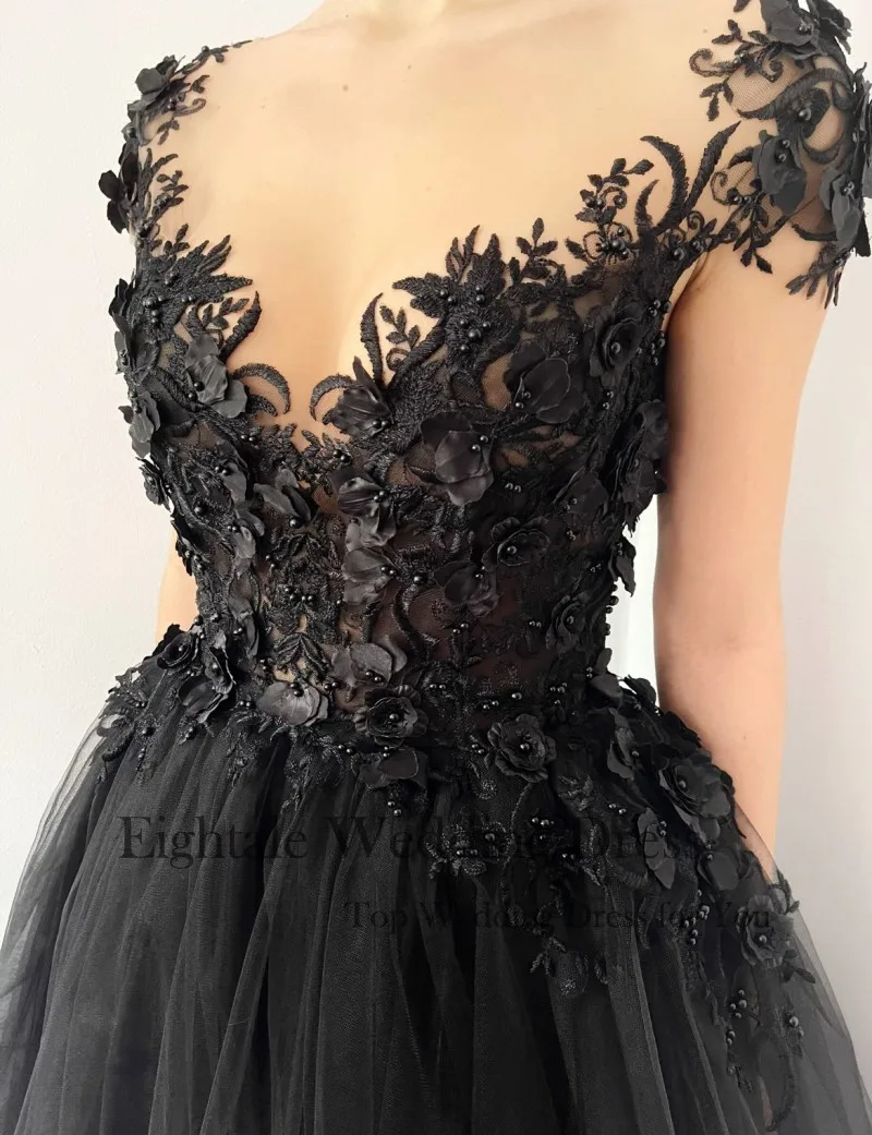 Eightale Black Wedding Dresses Cap Sleeves 3D Flowers A-Line Customized Lace Tulle Victorian Gothic Bridal Gowns