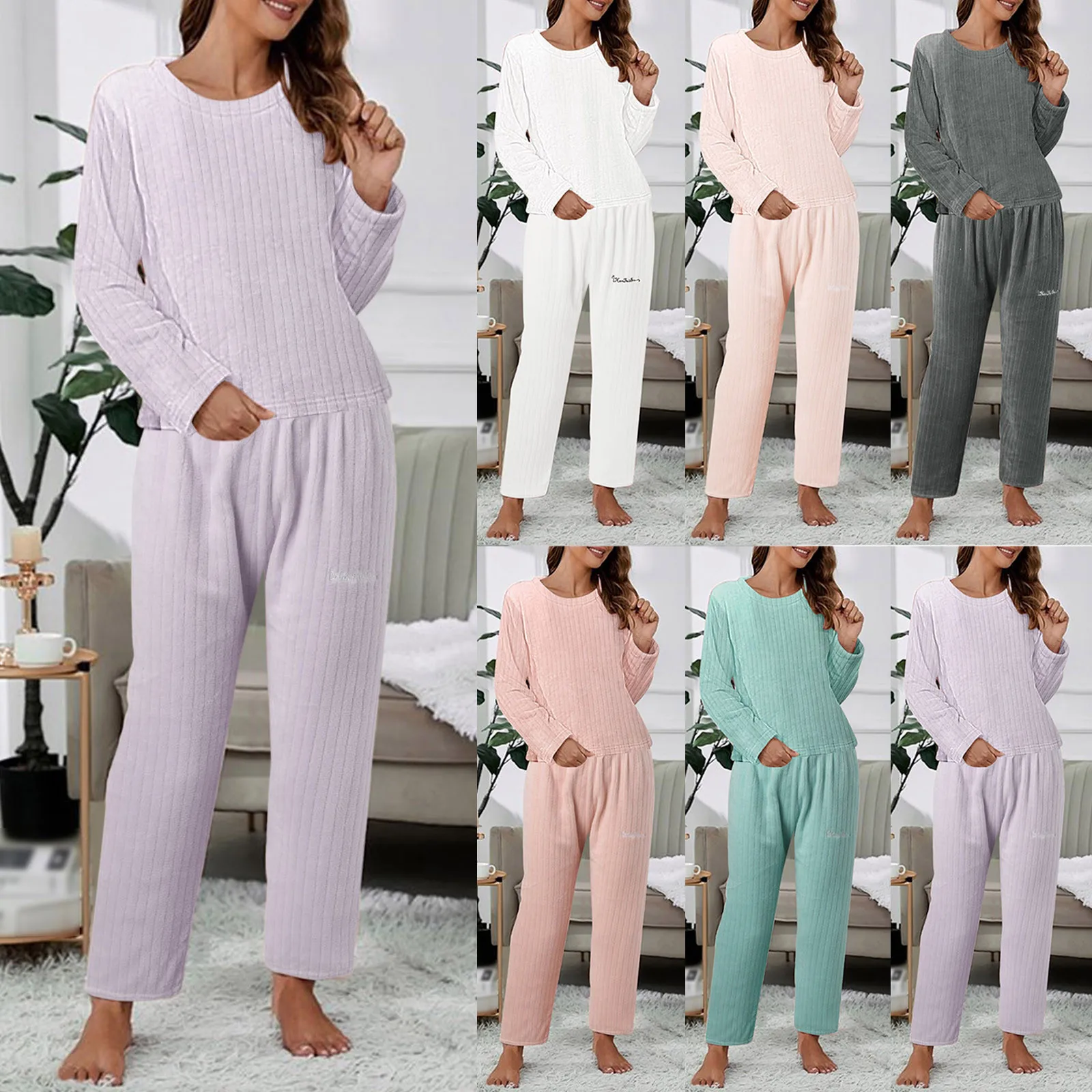 

Ladies Casual Pajamas Sets Coral Fleece Round Long Sleeve Tops And Elastic Waist Long Pants Solid Color Sleepwear Two Piece Set