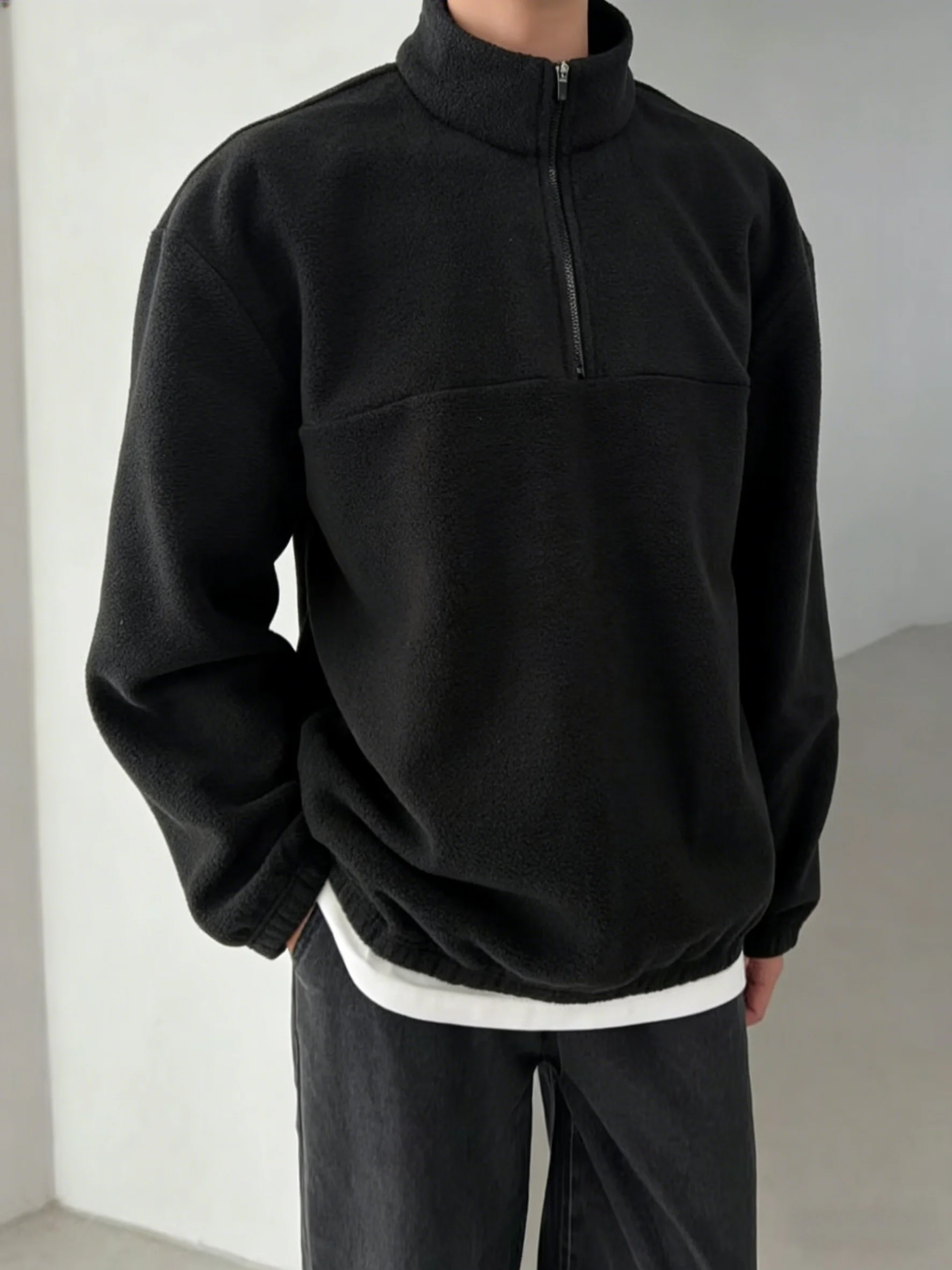 Men Half Zip Fleece Sweatshirt, Stand Collar Loose Solid Color Warm Autumn Daily Street Casual Pullo