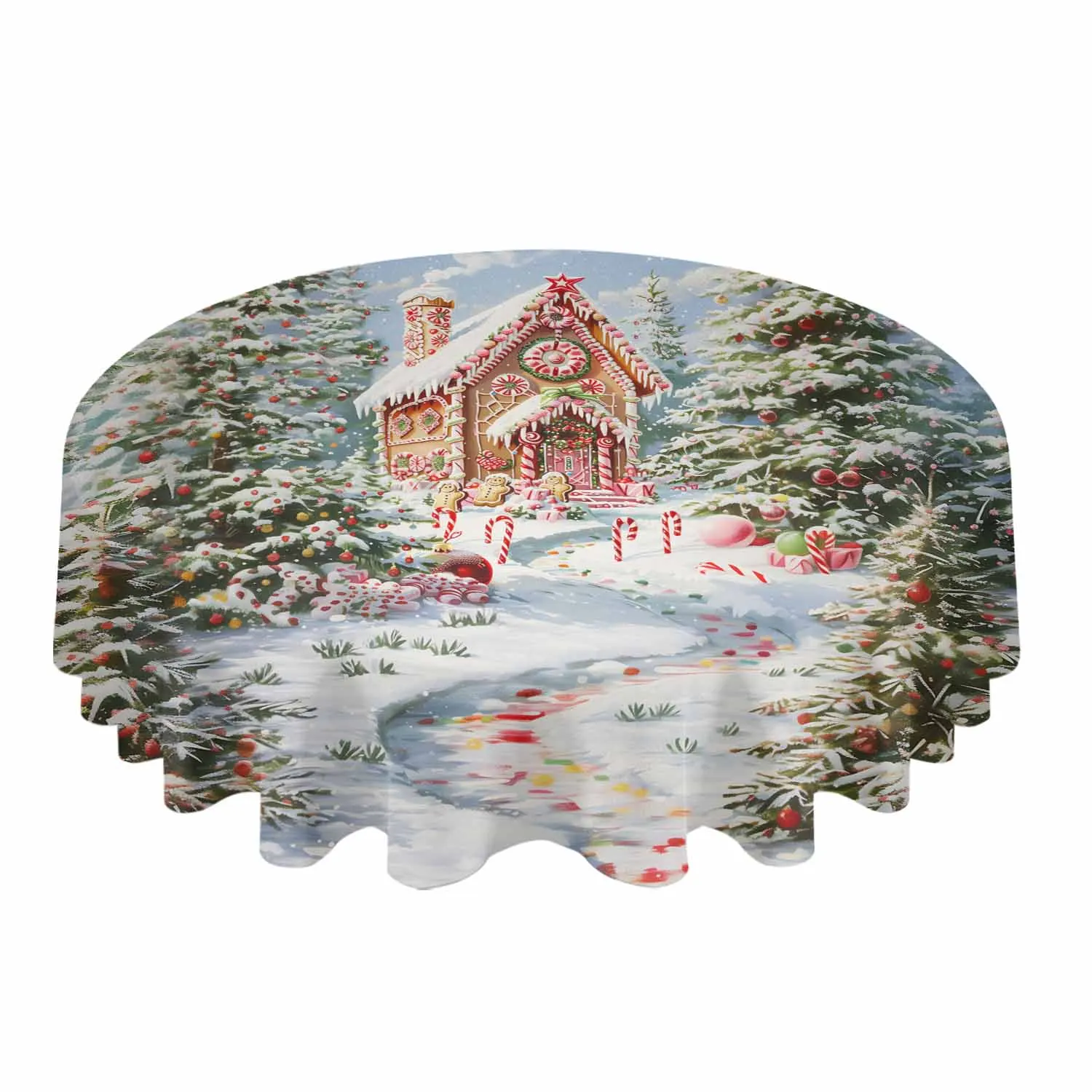 Christmas Snow Scenery Evergreen Tree Candy House Waterproof Tablecloth Table Decoration Wedding  Dining Room Round Table