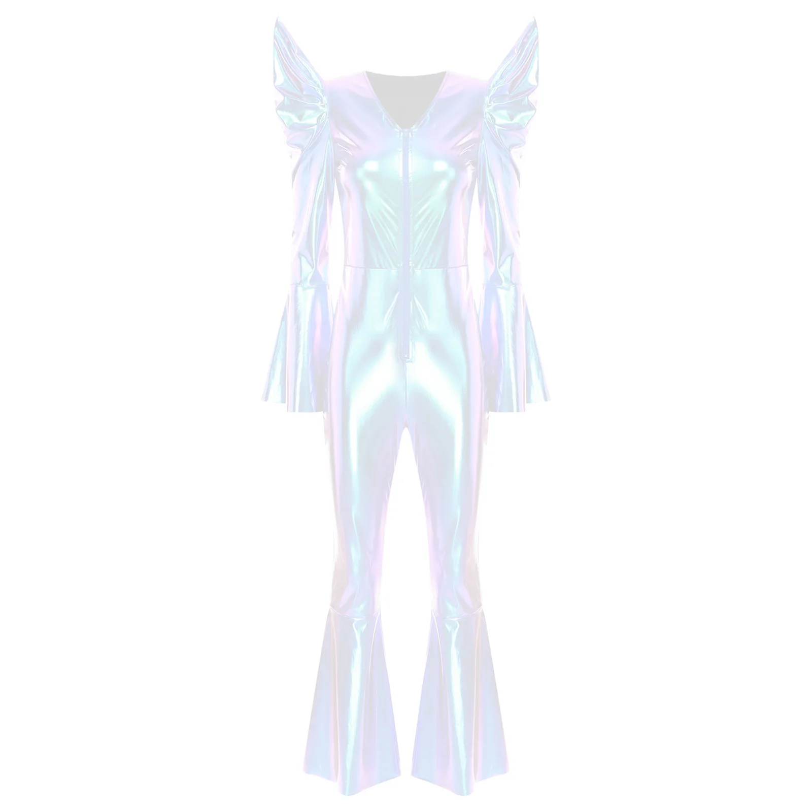 Vrouwen Retro Vintage jaren '70 Disco Outfit Glanzend Metallic Jumpsuit Dans Bell Bottom Hippie Romper Clubwear Festival Halloween Kostuum