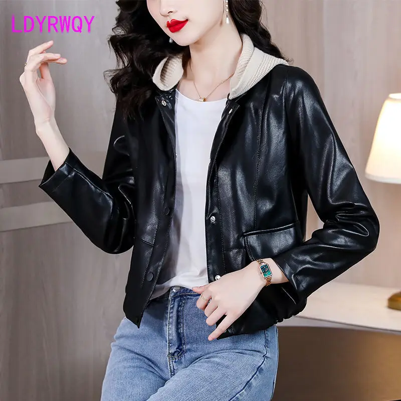 Hooded leather jacket for women\'s short 2023 spring wear new motorcycle wear PU leather jacket jacket