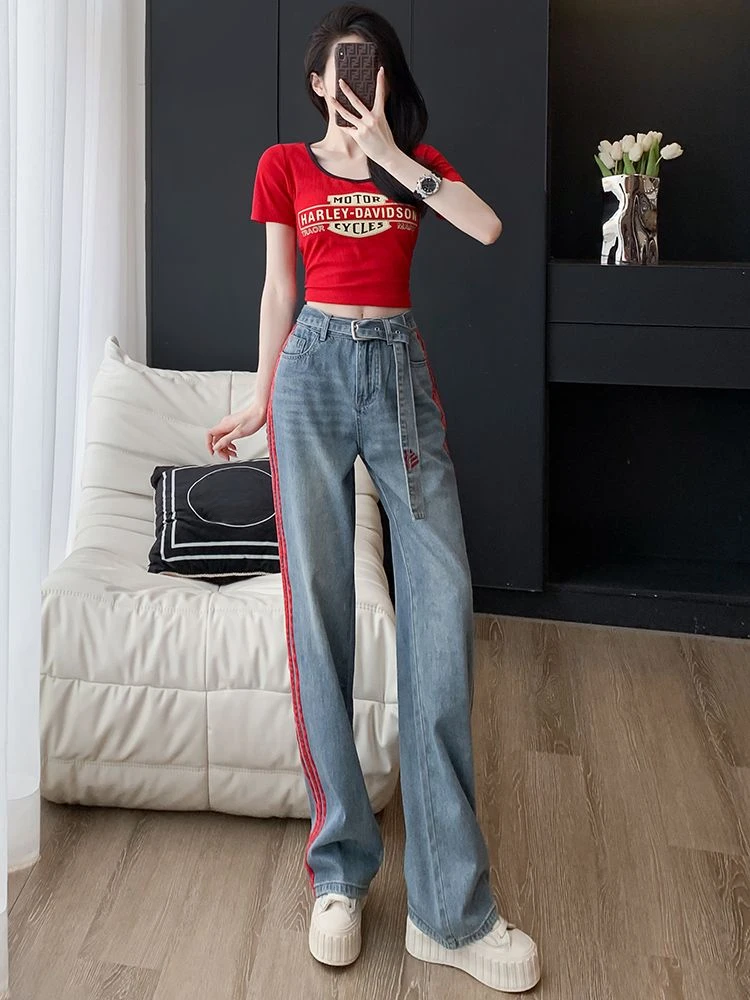 Woman Jeans High Waist Shot Spring Autumn Wide Leg Loosefit Denim Pants for Women Teenagers New in South Korea Shiny Trousers