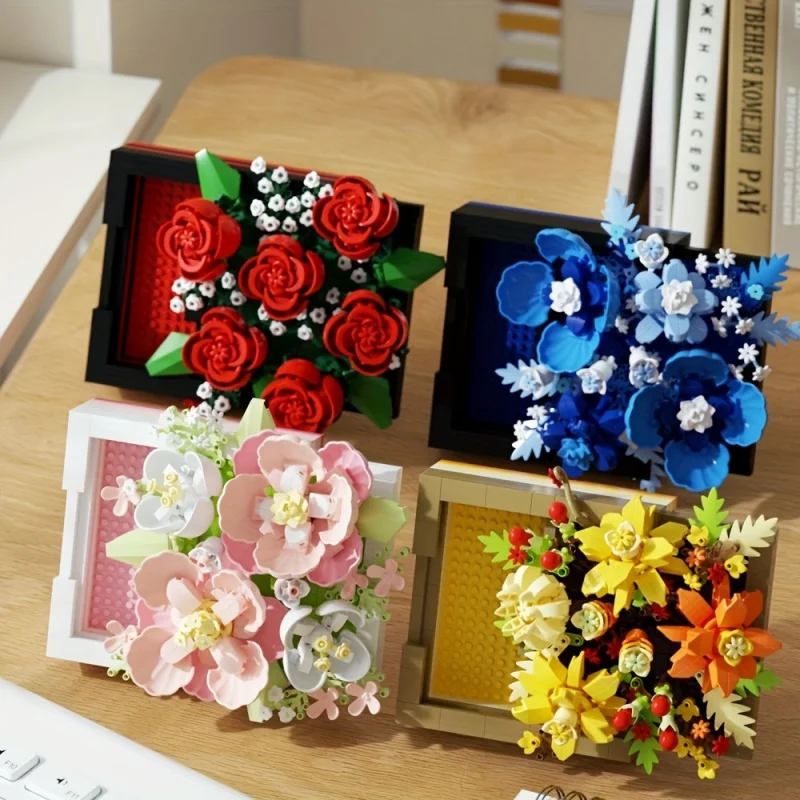 4 Styles Rose Building Blocks Kit, Challenging Construction Toy for Adults, Ideal Valentine's Day Gift