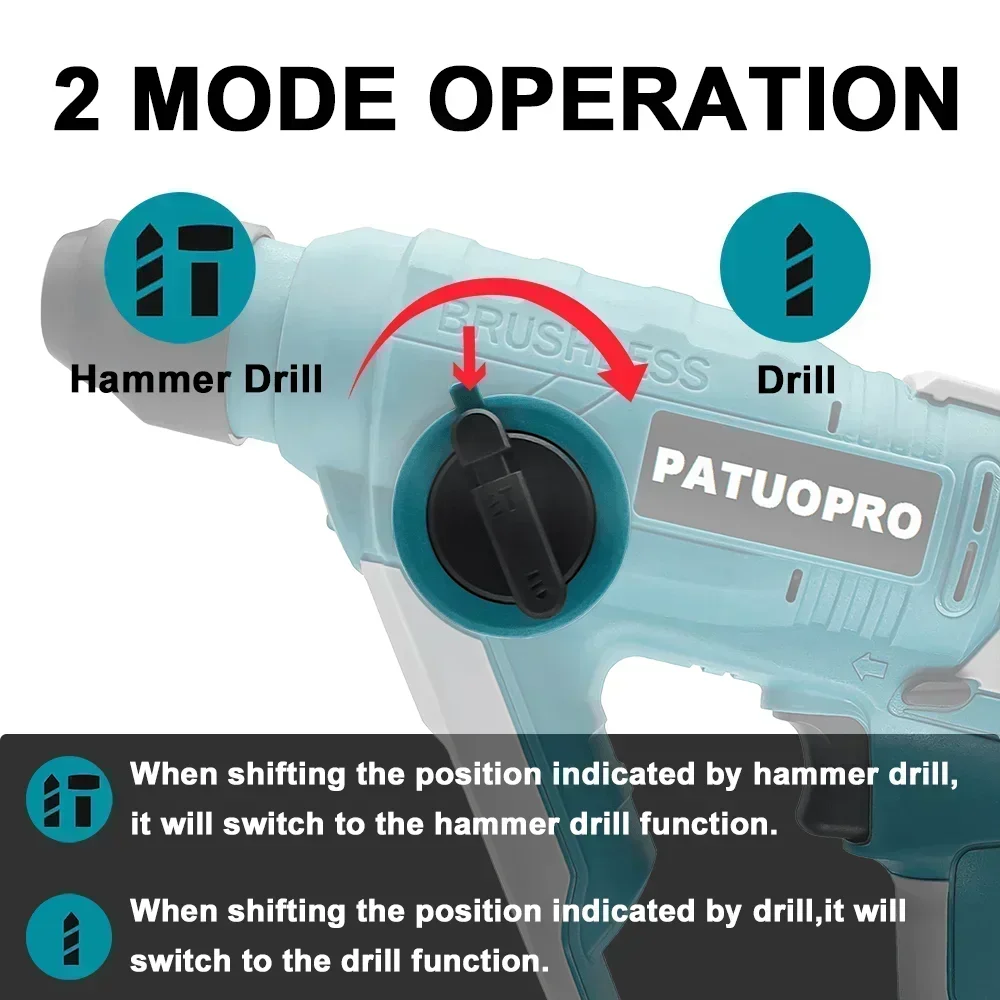 Martelo rotativo sem fio sem escova, furadeira elétrica de 2 modos, ferramenta de reparo em casa, bateria Makita 18V, sem bateria, 20mm