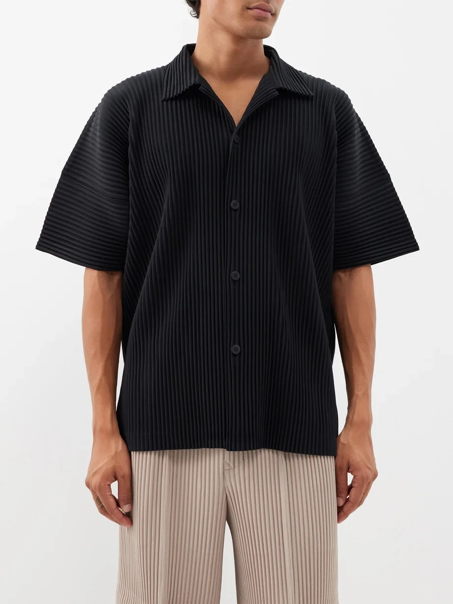 Miyake Lapel Shirt Pleated Short Sleeve T Shirt For Men Plain Shirt Button Up Shirt Summer Clothes For Men Black Casual Top