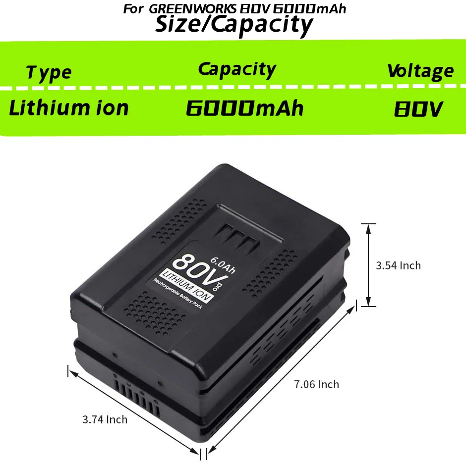 

80V 6000Ah Replacement Battery for Greenworks 80V Max Lithium Ion Battery GBA80200 GBA80250 GBA80400 GBA80500