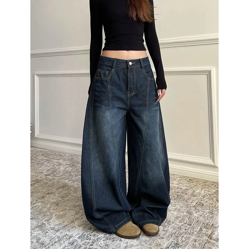 

Dark Blue American Retro Wide Leg Loose Denim Pants Y2K 2000s Women's High Waist Jeans Summer Korean Plus Size Women Clothes