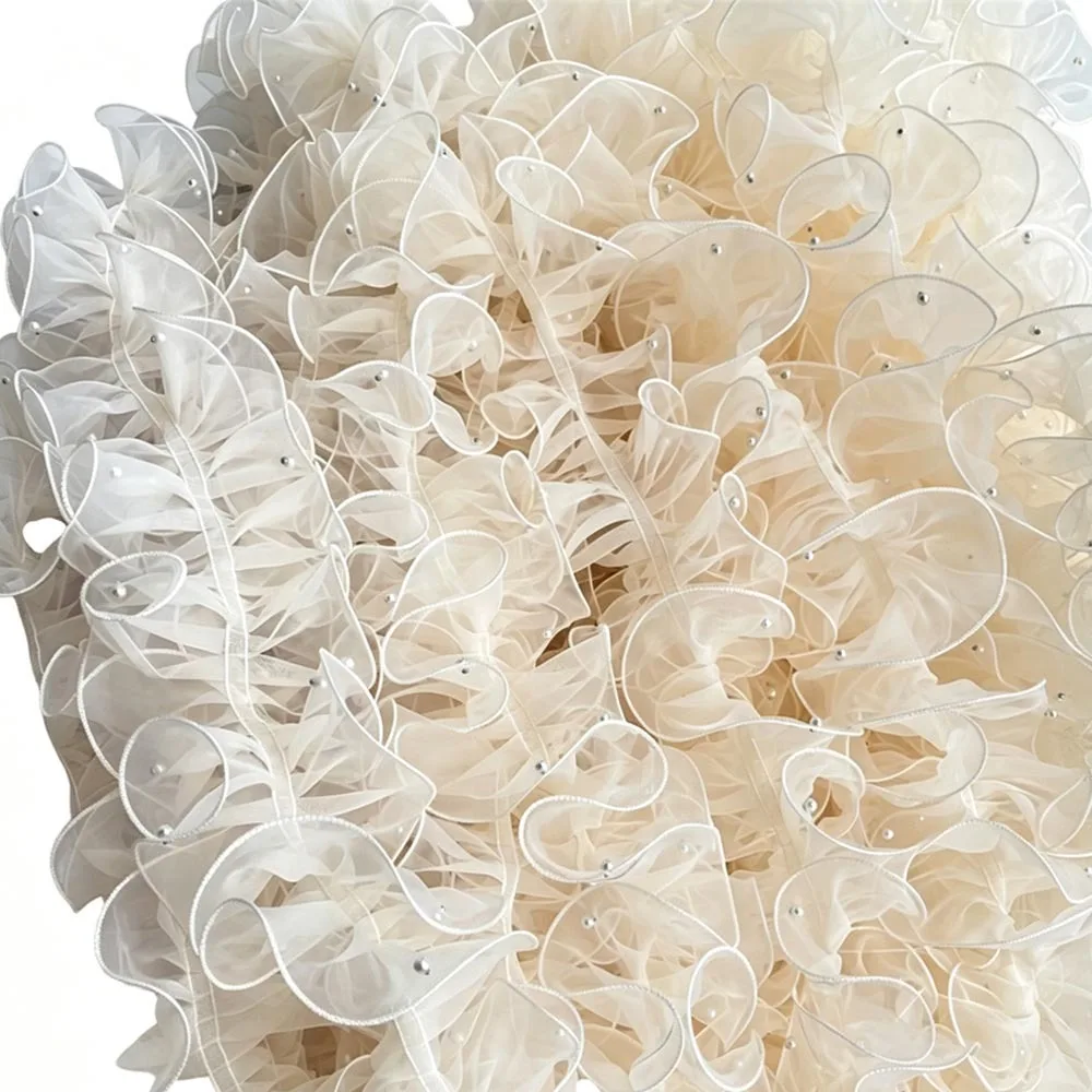 11cm Wide Organza Beaded Ribbon Wave Ruffle Edge 1 Yard Lolita Lace Accessories Flower Lace Pearl Fabric Edge Pleated Lace Trim